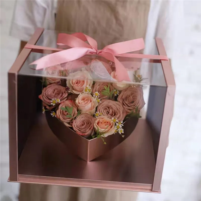 Luxury clear heart square acrylic box S M L preserved flower rose small big packaging box with clear acrylic cover lid window
