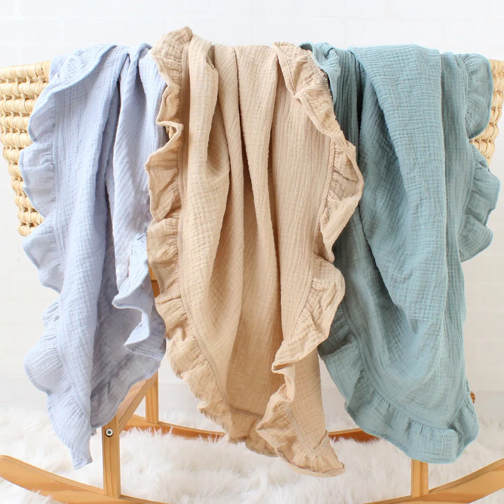 Eco-friendly Solid Color 2 Layer Crinkle Cotton Muslin Gauze Ruffle Baby Blanket 100% muslin swaddle wrap
