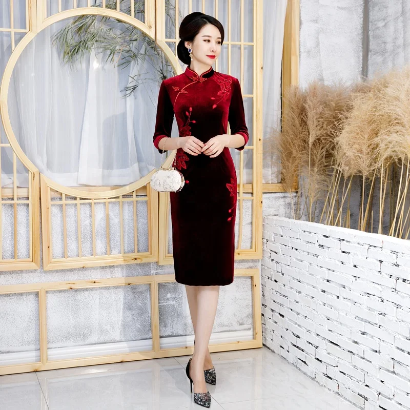 
Chinese Traditional Cheongsam velvet fabric Qipao wedding party Dress For Women 
