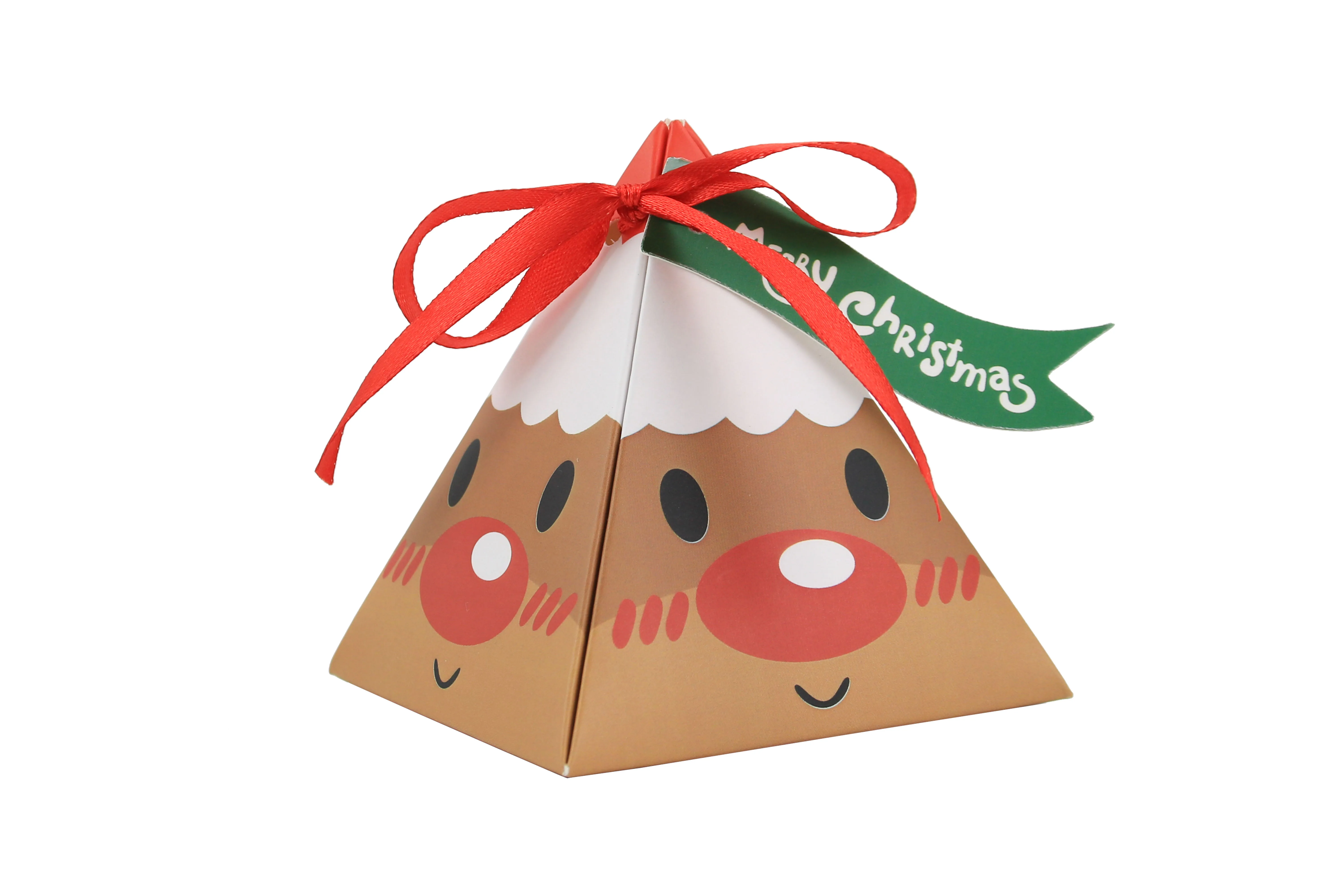 2022 new design hotly sold small Christmas triangle paper  candy  gift packing  box with tag and ribbon
