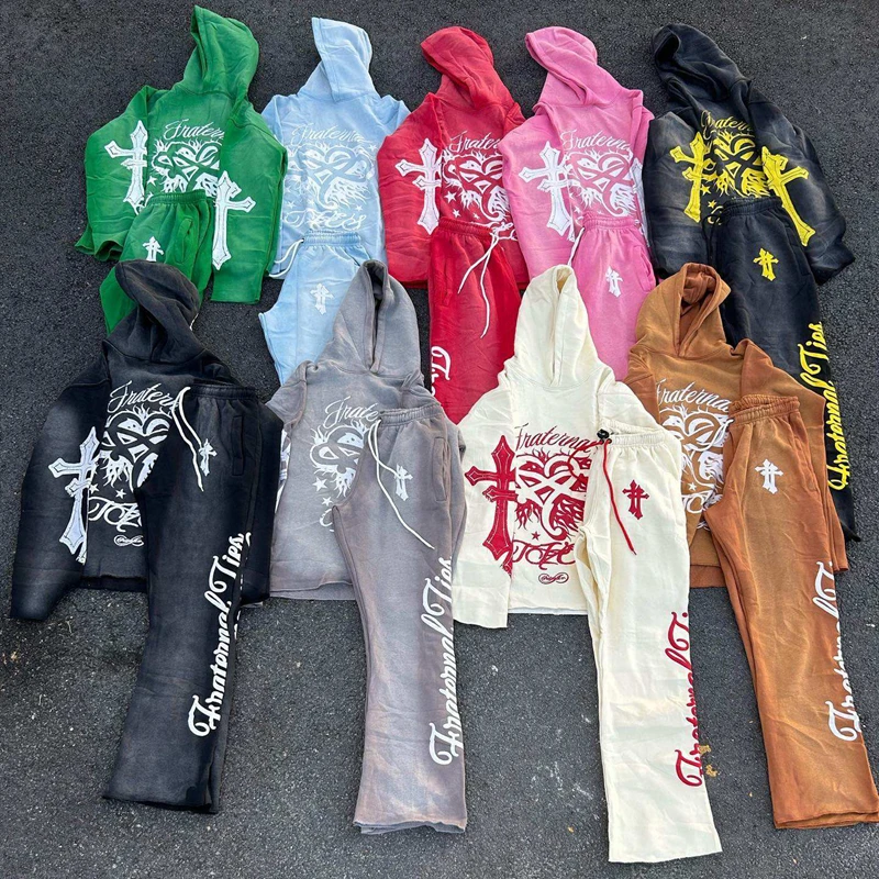 Custom Two Piece Set Vintage Hoodie And Sweatpants Jogger Screen Printing Dtg Sweat Suit Sun faded Acid Wash Men Tracksuit