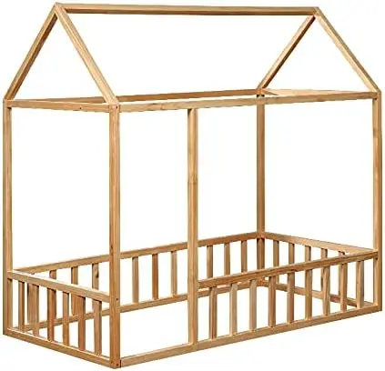 Montessori   Floor  with Rails Kids Floor Bed Frame Children House Bed with Rails and Slats Handmade Solid Wood Toddler Bed