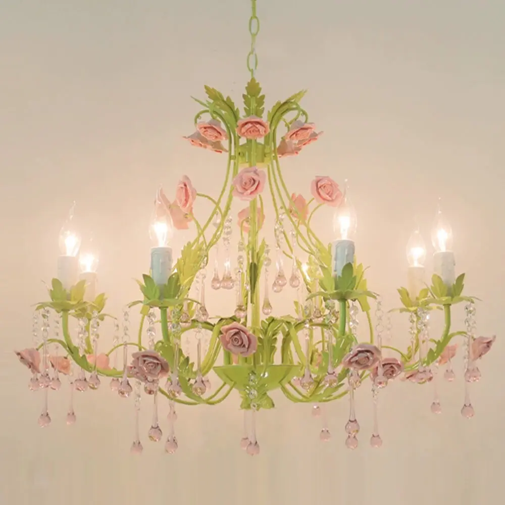 Custom Decorative Luxury Ceramic Rose Flowers Chandelier LED Pendant Light Indoor Hotel Modern Crystal Chandelier