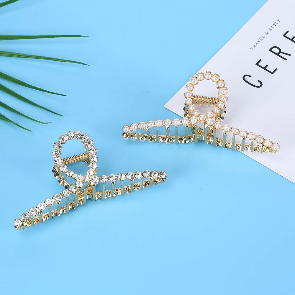 wholesale metal large hairpin hair claws clips feather rhinestone pearl claw hair clips for thick hair women