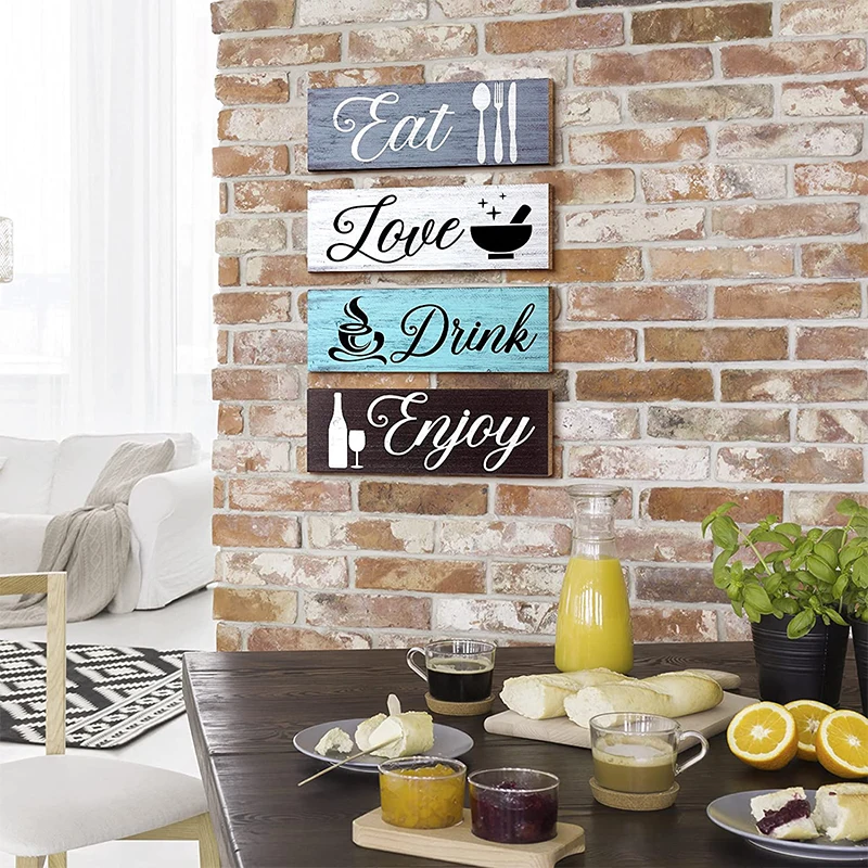 4 Pieces Vintage Rustic Wall Mount Wooden Sign For Home Dining Living Room Restaurant
