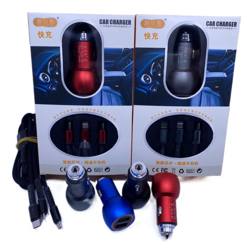Car three in one mobile phone data cable charging cable 3.1A dual USB car phone charger plug