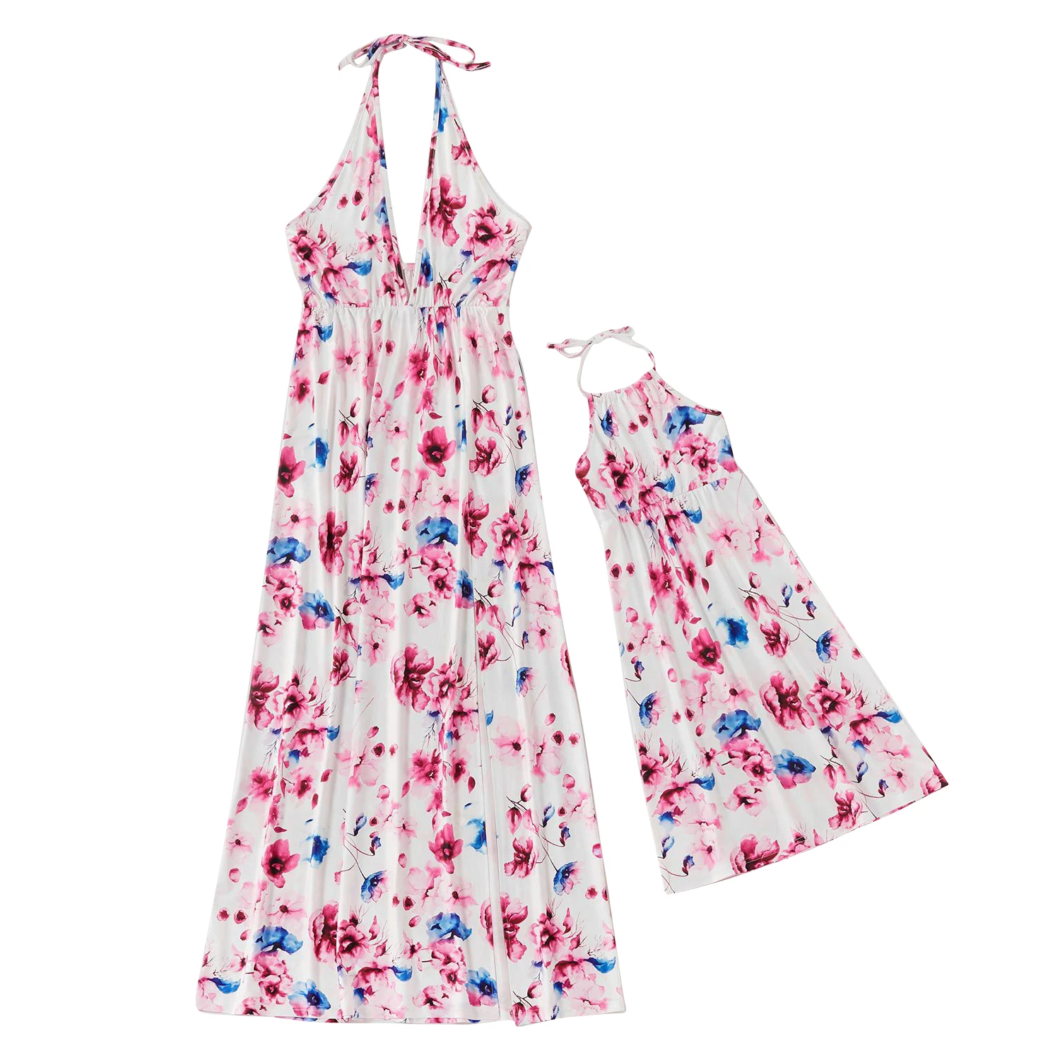 
2021 Mommy and Me Maxi Dresses Sleeveless Halter Neck Vintage Floral Print Maxi Dress Family Matching Outfits 