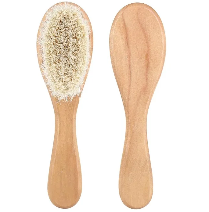 Top sale baby head brush kids soft natural goat hair comb Lotus wood scrub tool for newborn child head cleaning cradle cap