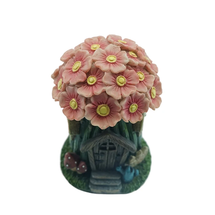 Fairy Garden House with Pink Floral Roof and Solar LED Light