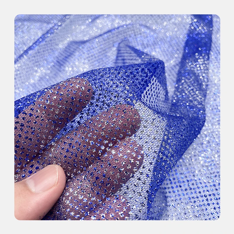 Blue 100% Polyester Net Mesh Fabric With Silver Sequins Powder Super Sparkle Glitter Tulle Fabric For Bridal Dress