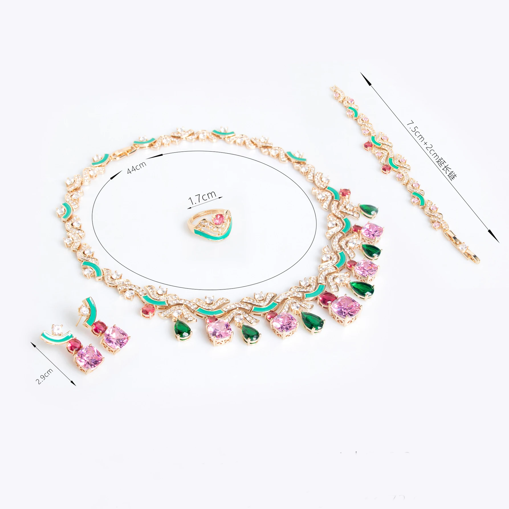 Wholesale Bridal Costume Jewellery Gifts Colorful CZ Diamond 4 Pieces Branches Women Wedding Jewelry Set