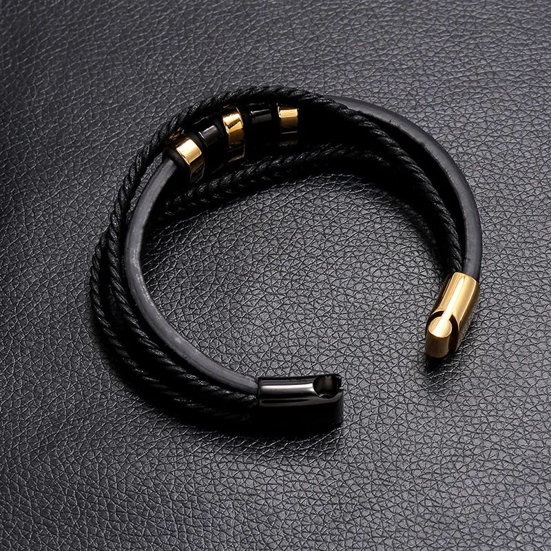 Handmade Simple Double Color Gold Plated Bracelet Magnetic Button Stainless Steel Leather Braided Bracelet for Men
