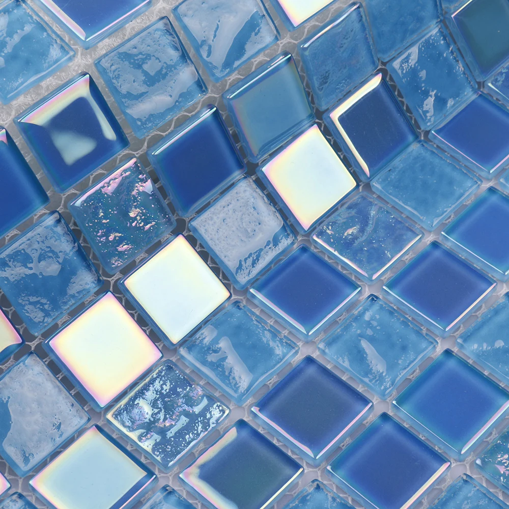 Luxurious iridescent mosaic tiles bathroom shower wall crystal rainbow white blue swimming pool tiles glass mosaic