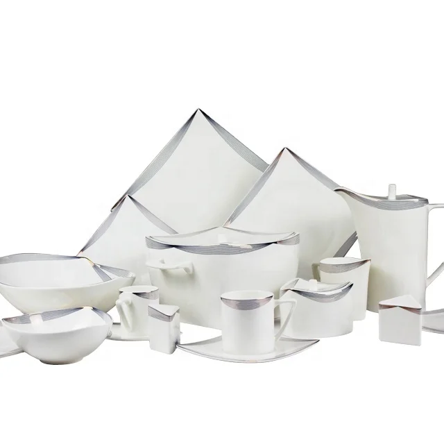 Wedding Gift 61pcs Hot Sale Classic White And Gold Rim Dinnerware Set fine bone china dinner set