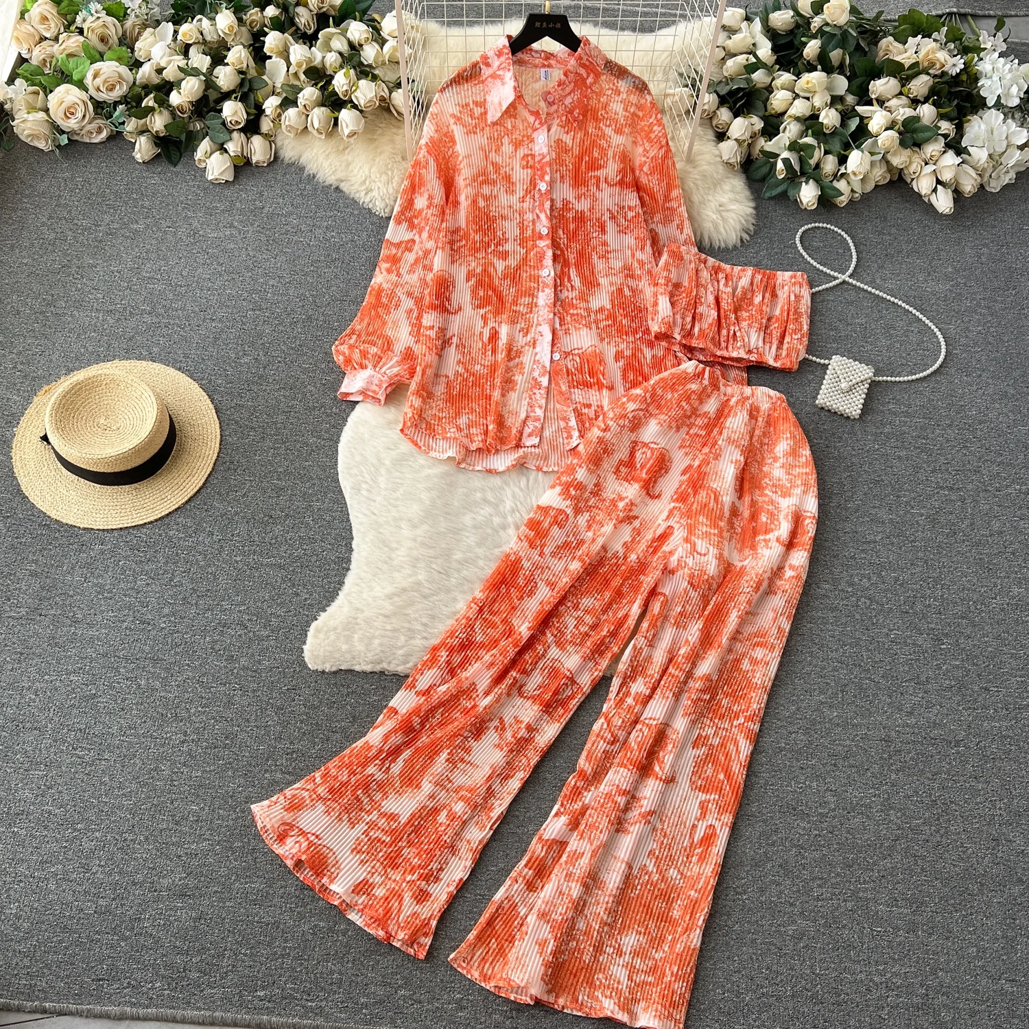 Fashion Suit Women Spring And Summer Loose Pressed Pleated Shirt Smocked High Waist Trousers 3 Pieces