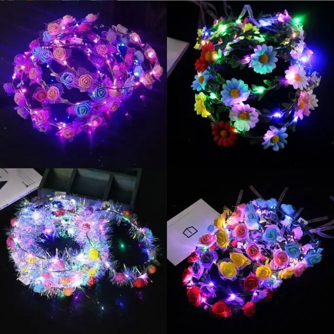 Women Girls Hawai LED Flower Crown Headband Light Up Garlands Glowing Floral Wreath Crown For Beach Party Festivals Wedding