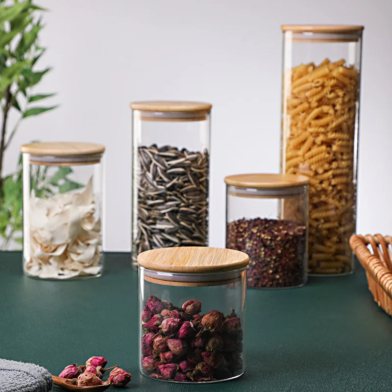 6.5*18cm Food Storage Glass Canisters with Airtight Bamboo Lid For Tea Coffee Beans Grains Candy Jar Containers