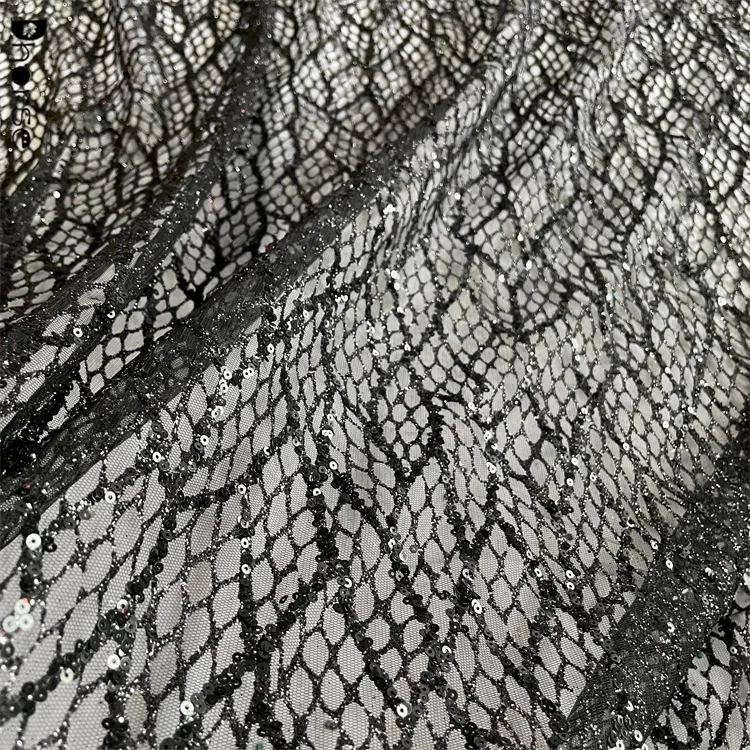 Elegant black sequin lace glitter tulle mesh fabric for evening dress