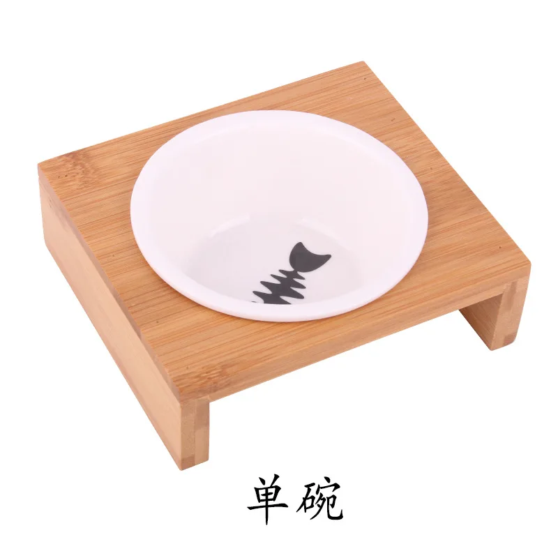 Pet Food Bowl Cat shape Wooden Stand Bamboo Stand With Ceramic Bowl for Small Animal Puppy and Cat