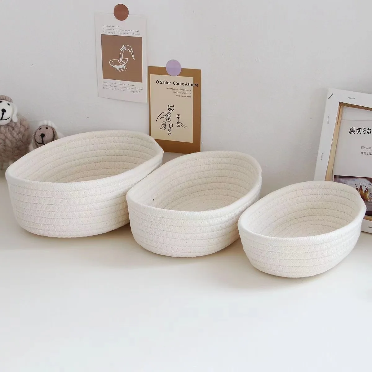 New Arrival 3pc Cotton Laundry Storage basket Boat shaped woven basket Shelf Decorative Bin Toy Organizer