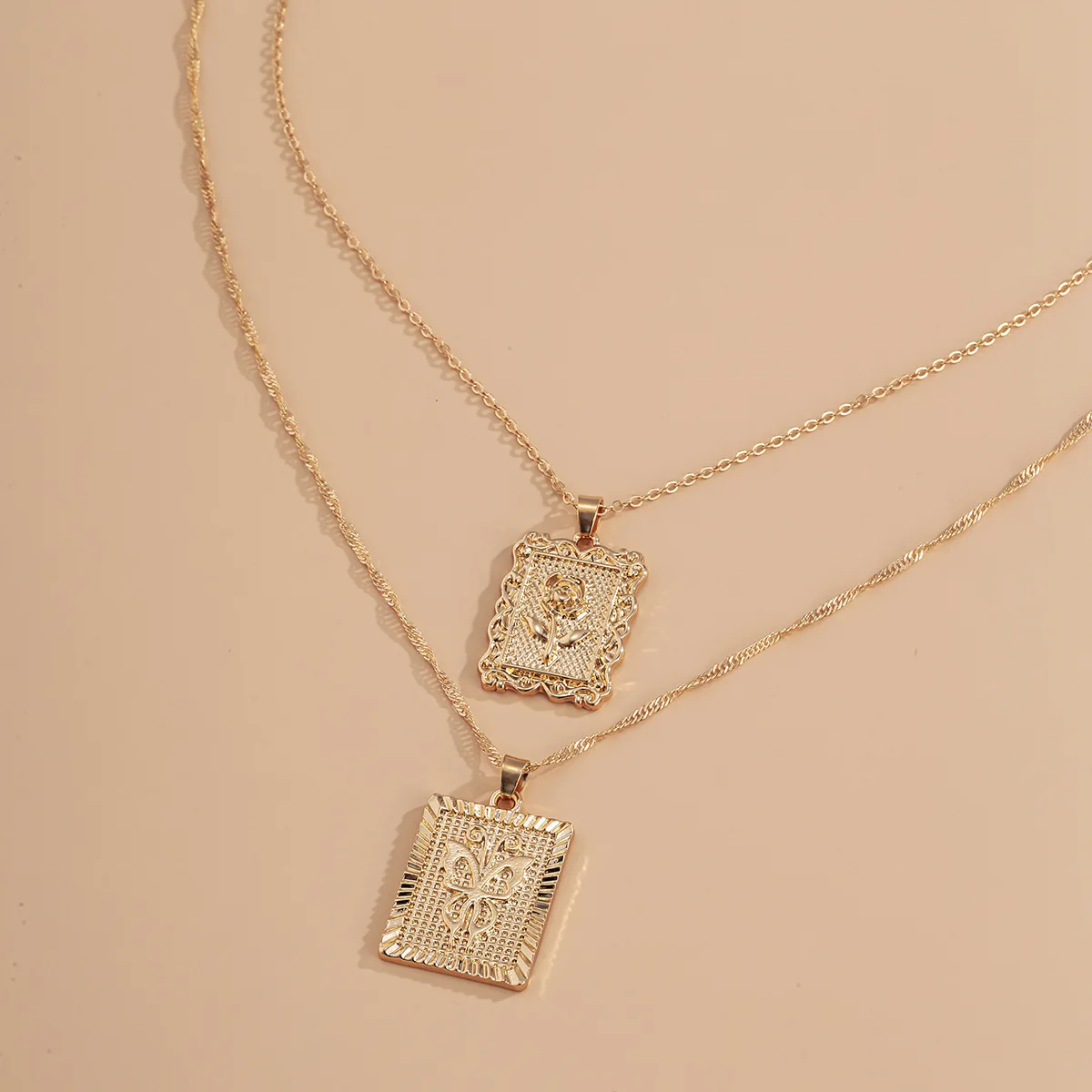 Square Pendant Necklace  Gemstone and Diamond Accent Filigree layered chain necklace for men women