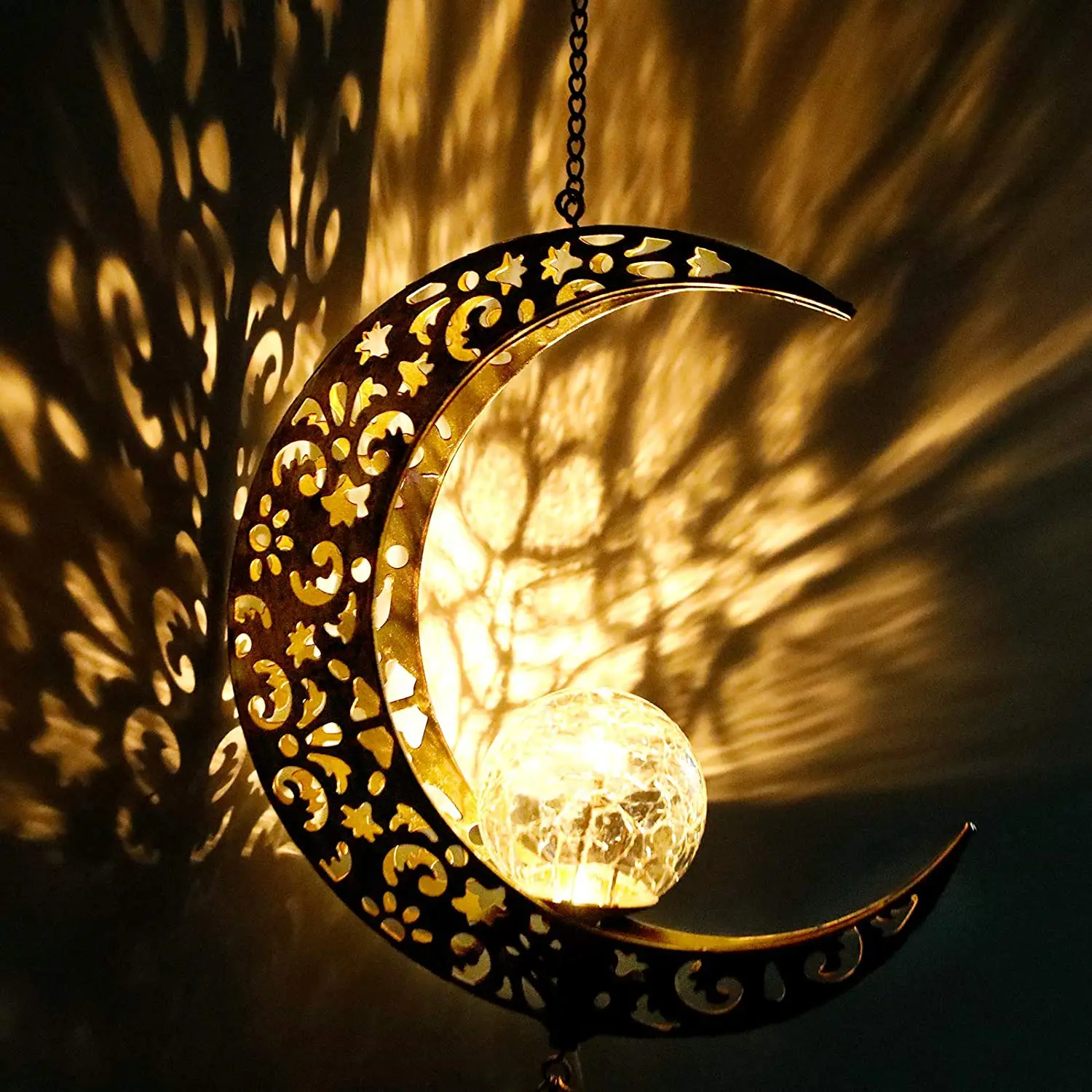 Oniya Large Retro Copper Wind Bells with Crackle Glass Ball, Soft Deep Tone, Solar Wind Chimes for Patio Garden Decor