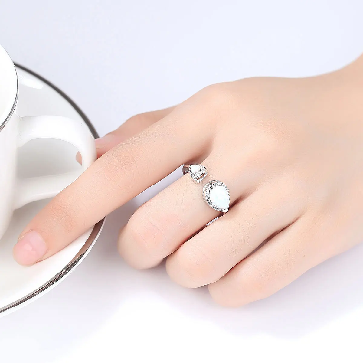 ROMANTIC Adjustable Water drop S925 Sterling silver Double Fire Opal Ring Women