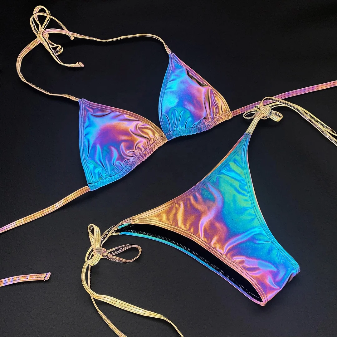 Iridescent Reflective Fabric String Bikini Set Swimsuits For Women 2024 Bikini Swimwear Sexy Micro Thong Beach Summer Products