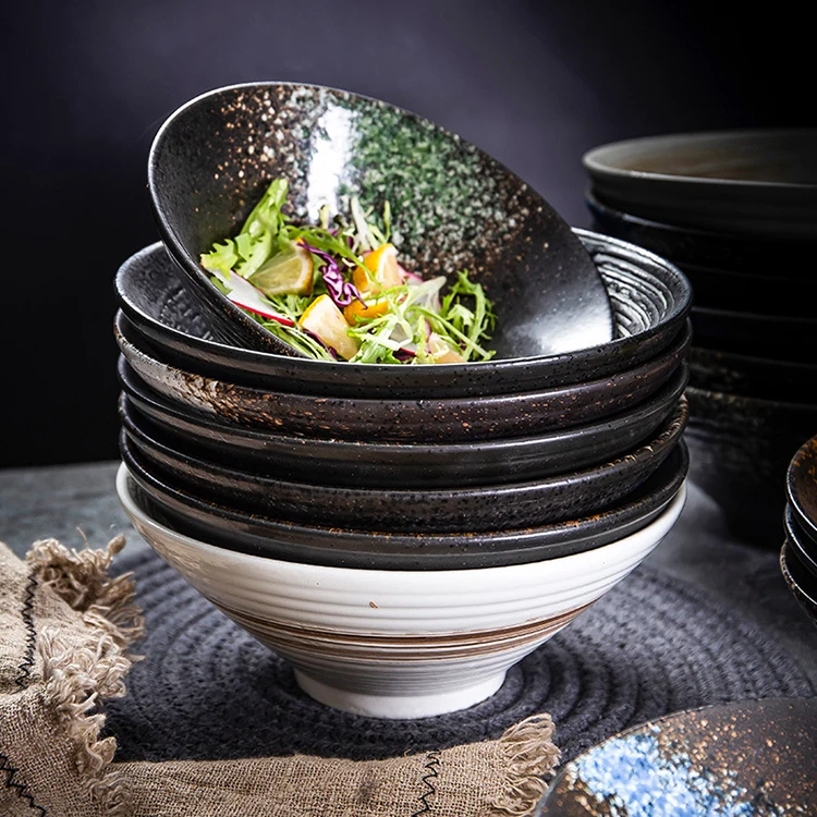 Black Large 7 8 9 10 inch Noodle Soup Porcelain Bowl Ceramic Japanese Style Serving Bowl Ramen Bowl Set