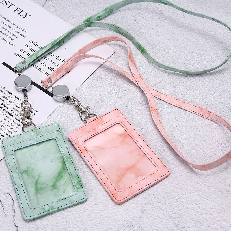 Marble Pattern PU Leather Clear ID Window Credit Card Case Retractable ID Name Badge Reel Holder Lanyard for Women Nurse