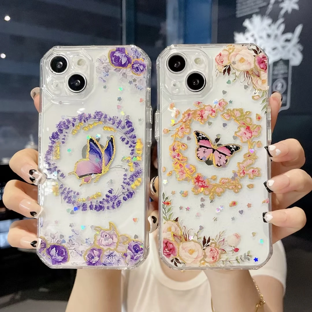 Luxury printing butterfly flower phone case for iphone 13 14 transparent acrylic phone cover funda para celulares
