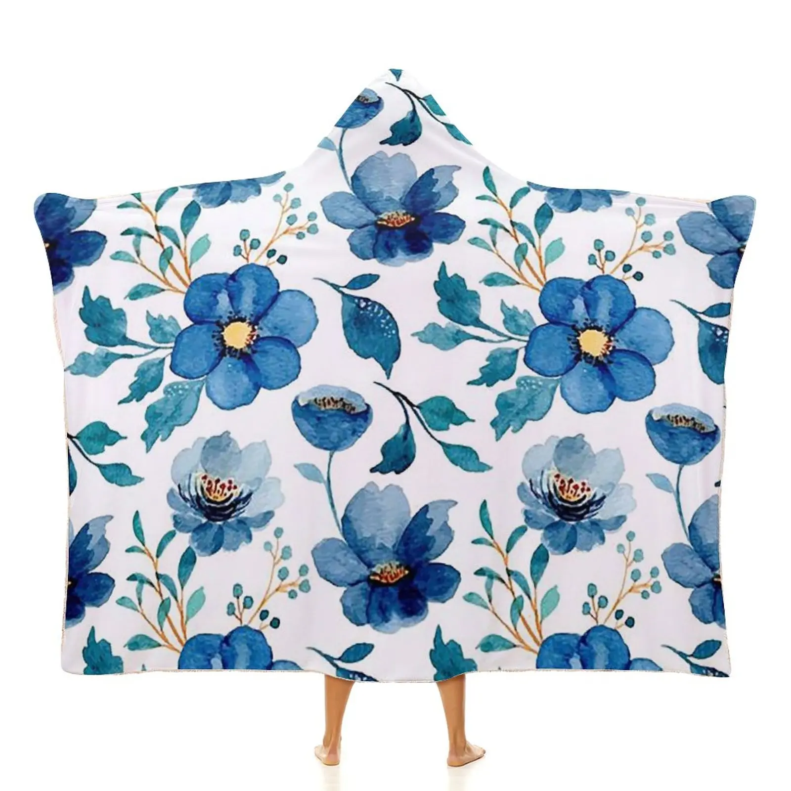 Hawaiian Flower Print Custom Flannel Fleece Blanket Oversized Sherpa Sweatshirt Hooded Blanket Winter Warm Blanket For Women