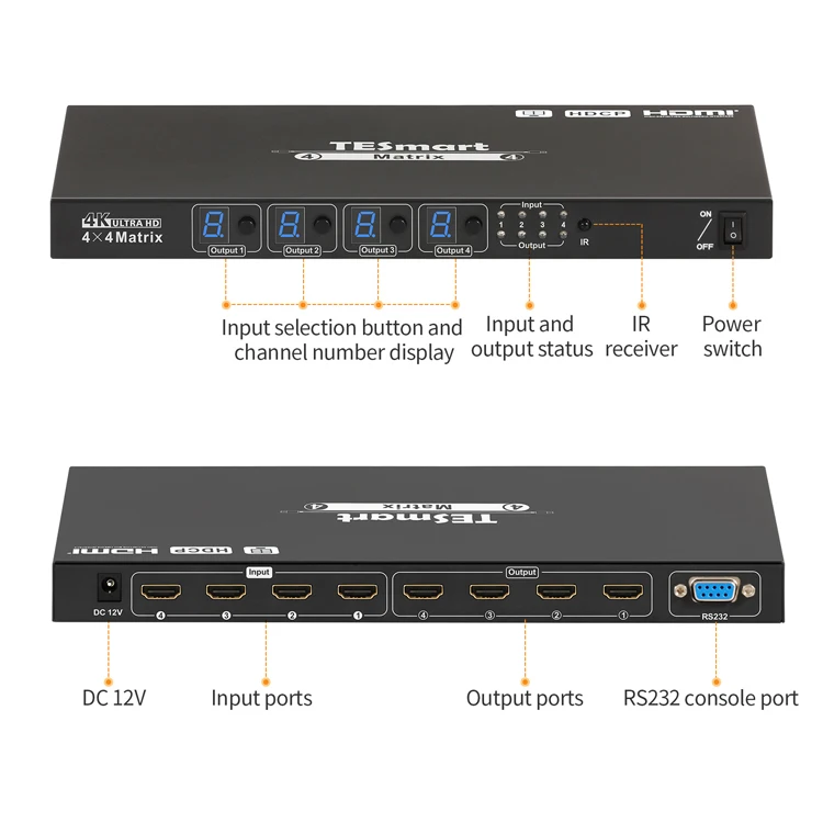 TESmart Hot Selling 4*4 HDMI HDCP Matrix 1280x720@60Hz or 1920x1080@60Hz PAP Mode Smart EDID Management MATRIX