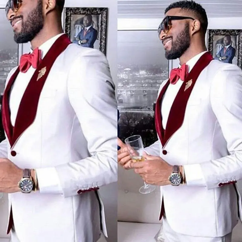 HD149 White Groom Wedding Tuxedo Men Suits Pants Man Blazer 2Piece Burgundy Velvet Shawl Lapel Costume Homme Slim Fit