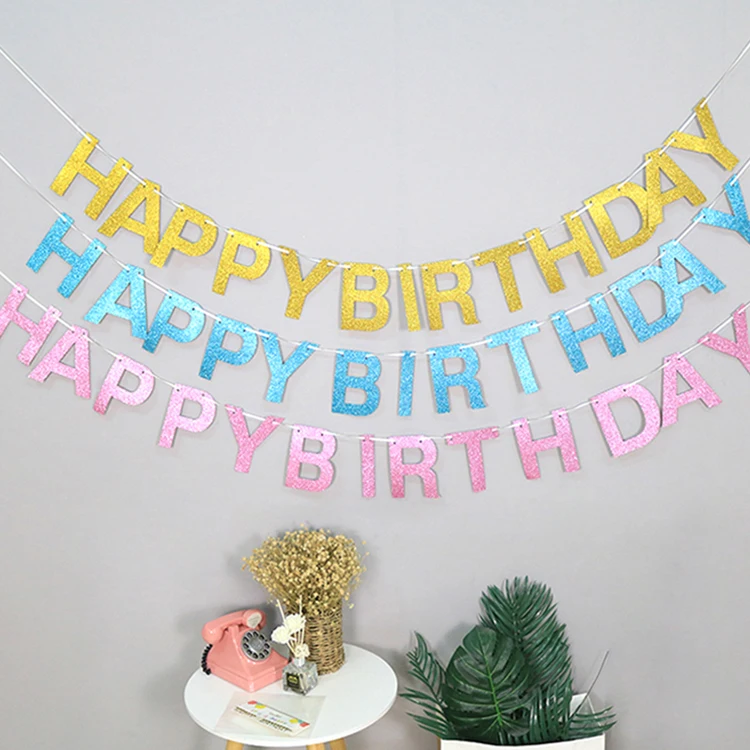 New Baby Party Decoration Cheap Paper Happy Birthday Gold Letter Banner Paper Bunting Happy Birthday Paper Banner