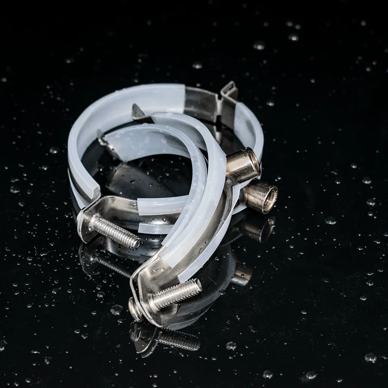 Clamps with rubber profiles and welded stainless steel nails