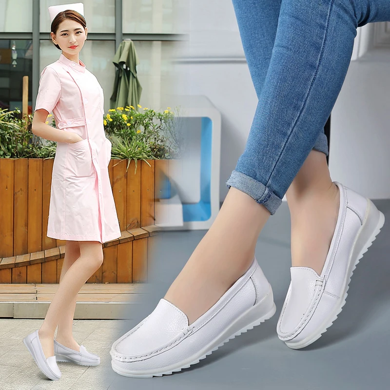 TPR sole cow leather upper women shoes loafers non-slip white nursing shoes for nurse