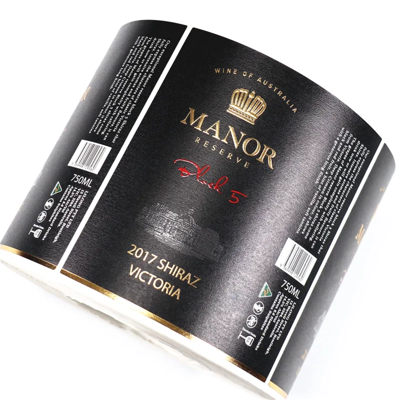 Custom Printing Uv Spot Gold Foil Embossed Logo Premium Adhesive Textured Paper Sticker Glass Red Wine Bottles Sticker Label
