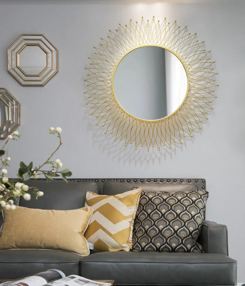 Fireplace and Cabinet Above 3D Metal Mirror Wall Hanging Artware Decoration