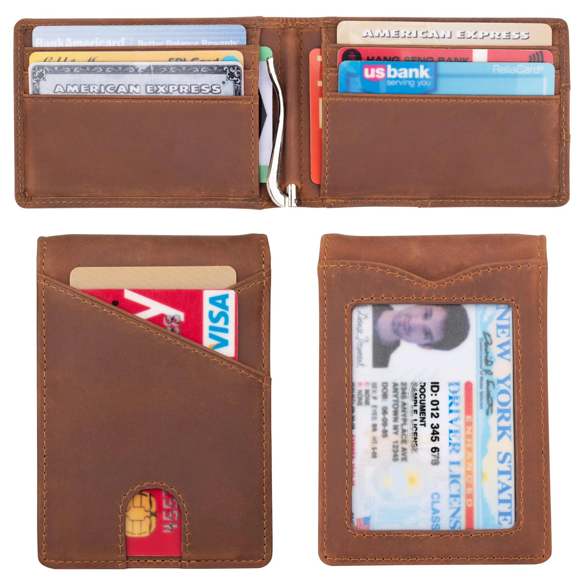 Custom Slim Mans Bifold Money Clip Wallet RFID Blocking Business Front Pocket ID Window Genuine Leather Credit Card Holder