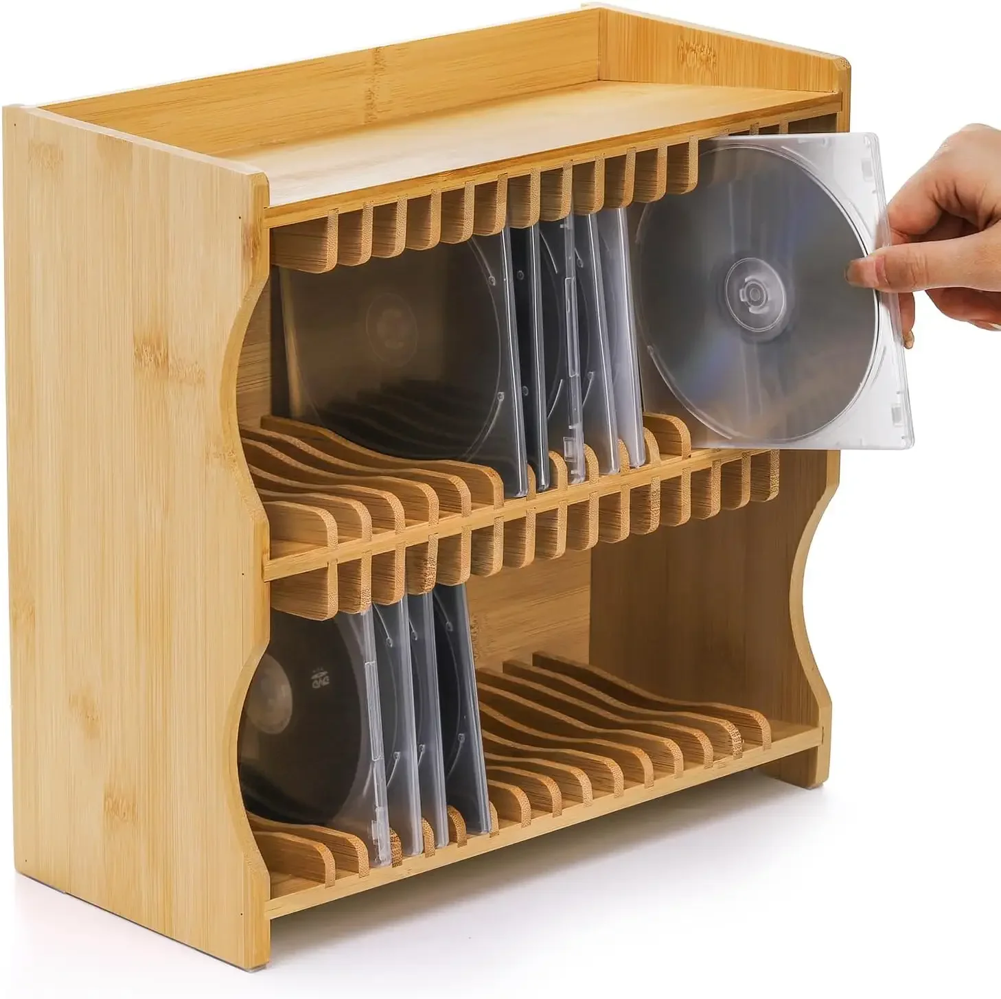Bamboo CD Rack Organizer with Rubber Feet, DVD Display Shelf for Movie Cases