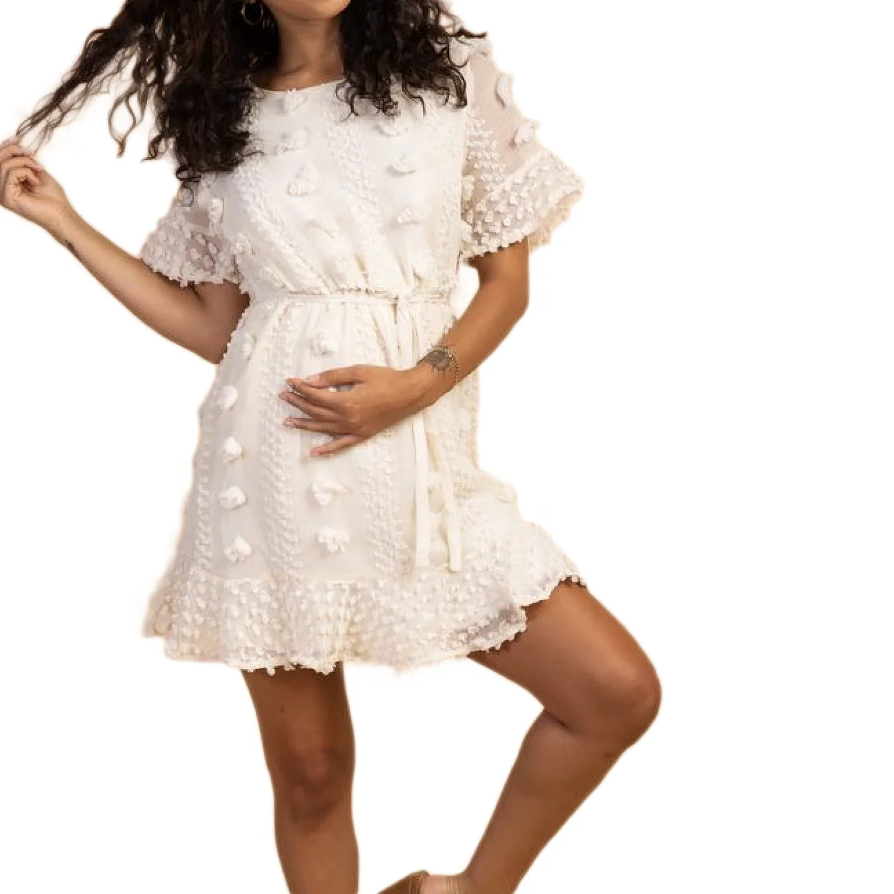 
New Fashion Floral Applique Cute Short Sleeve Mini Maternity Outerwear Pregnant Clothes Dress 