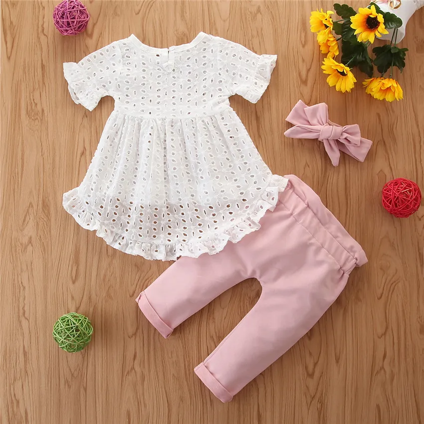 
3Pcs Trousers Headband Outfit Set Newborn Kid Baby Girl Clothes Lace Top T-Shirt Pants Short Sleeve Bowknote Pants Outfit 0-24M 