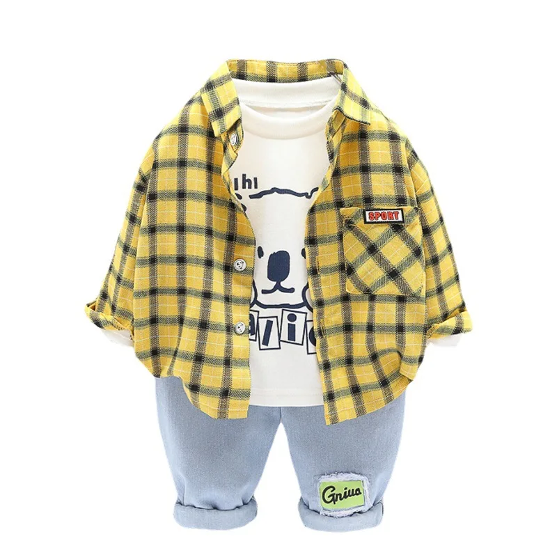 baby wear for boys autumn kids casual  fashion cartoon Print checkered shirt coat  leggings denim pants new three-piece set