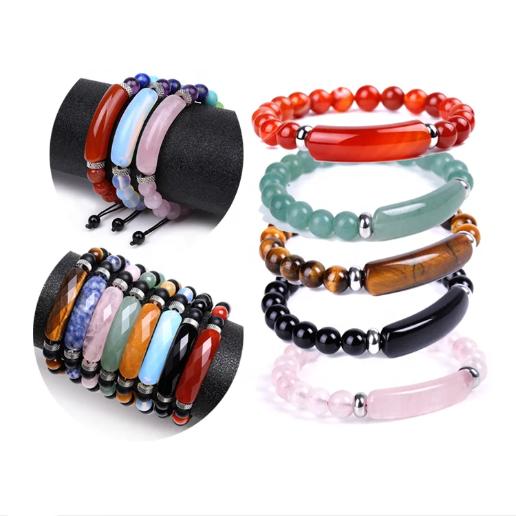 Handmade Stretch Gemstone Bangle Bracelet 8mm Natural Gemstone Bridge Shape Square Tube Beads Chakra Crystal Energy Bracelet