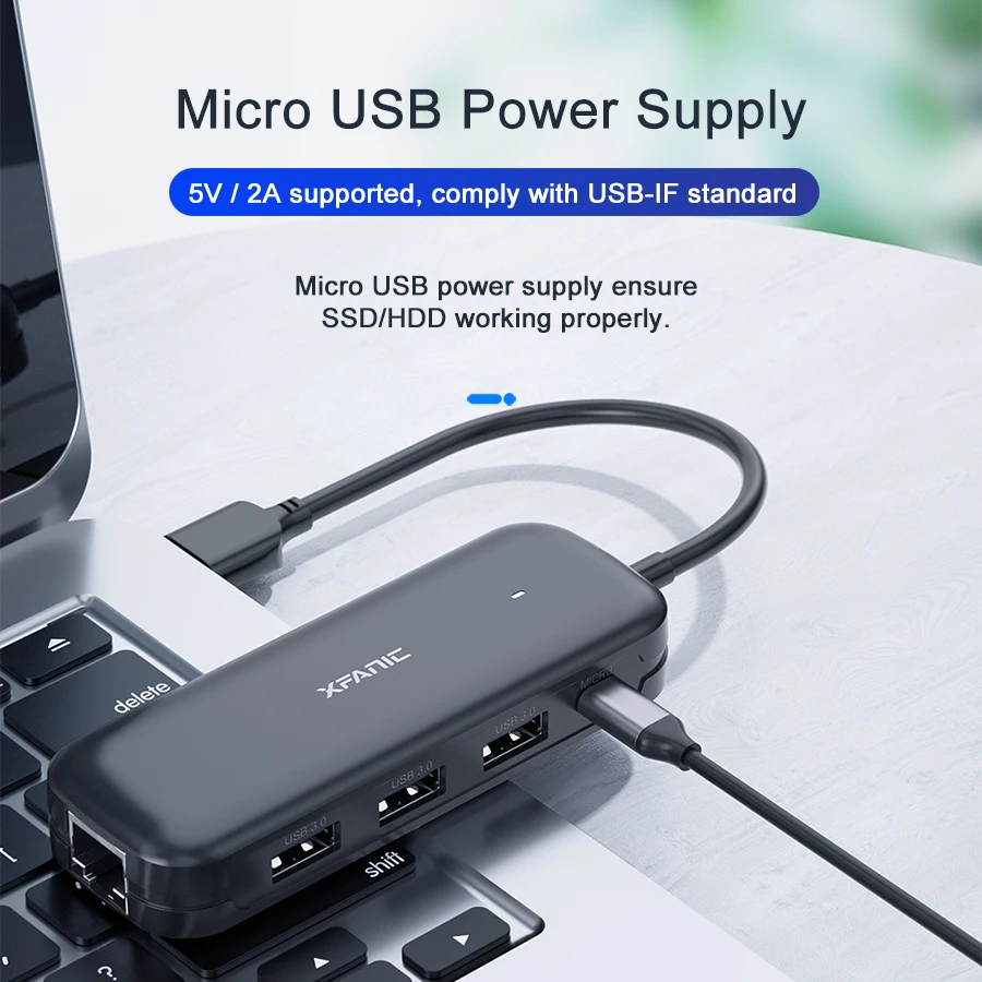 
OEM Black Mini 5 Ports Desk Usb 3.0 Data Hub for Mac Micro Usb Hub With External Power Gigabit RJ45 