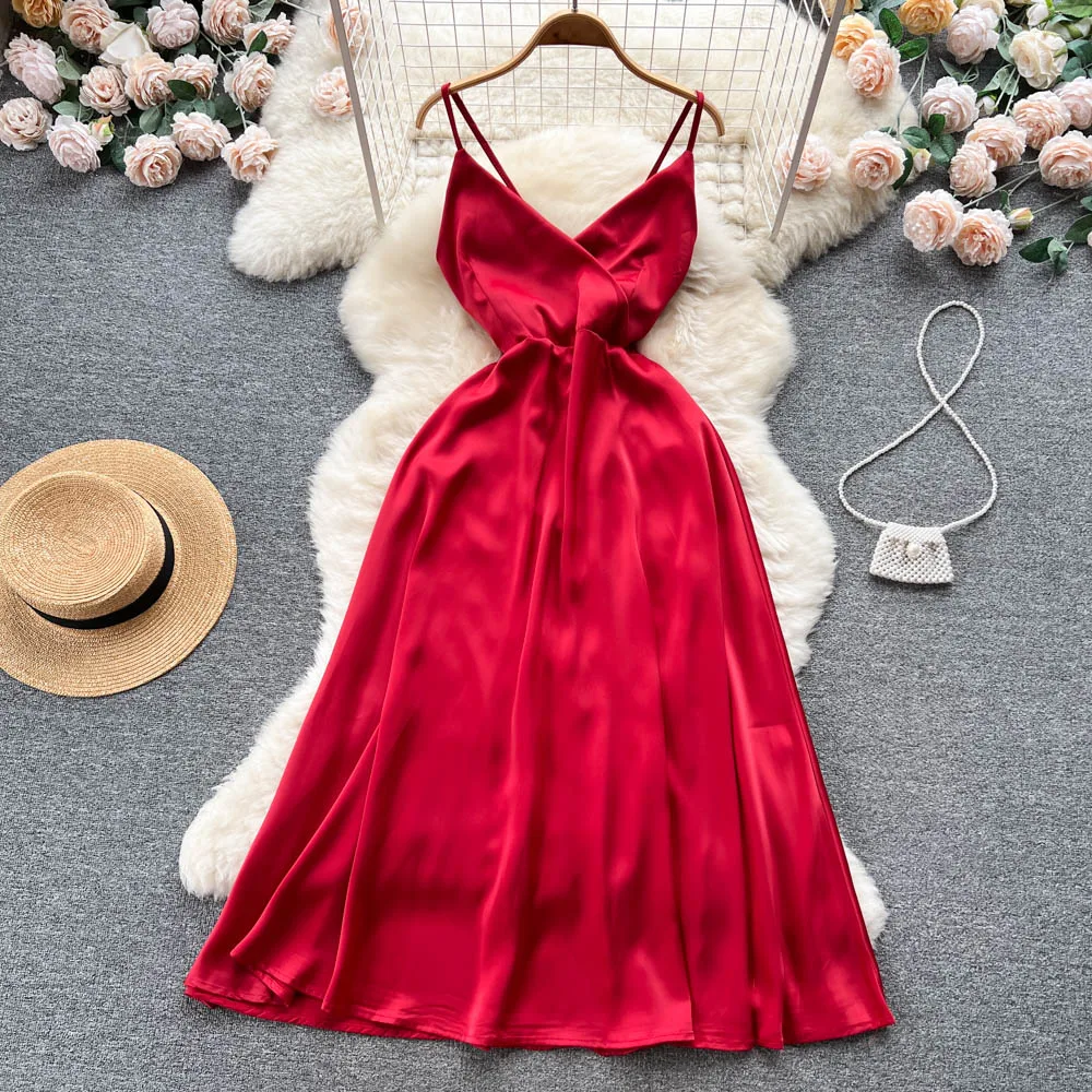 Summer Sleeveless Silk Casual Dress Women High Waist Midi A-Line Dress Ladies Sexy Dresses Clothes Women Wholesale