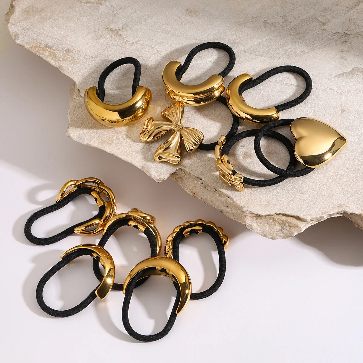 Модные корейские аксессуары для волос 18k позолоченные женские из нержавеющей стали Изогнутые черные резиновые повязки на голову