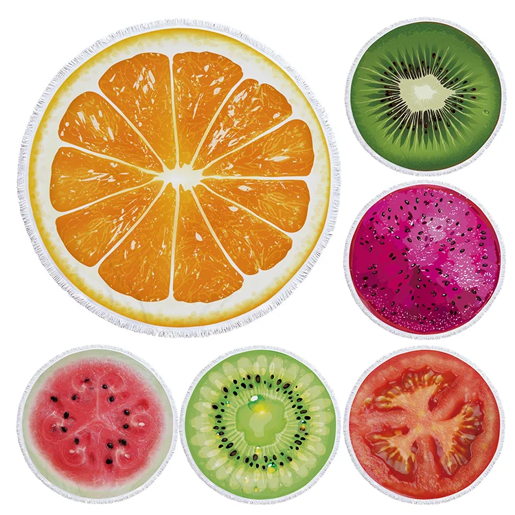 Trendy Watermelon Kiwi Print Fruit Oversize Round Thick Microfiber Beach Towel with Tassels