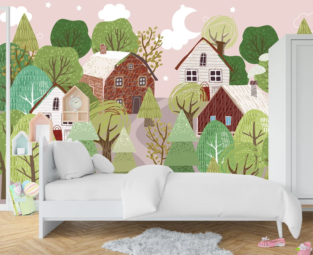 Custom 3d Photo Wallpaper For Kids Room Cartoon Hand Drawn House Tree Mural Wallpaper